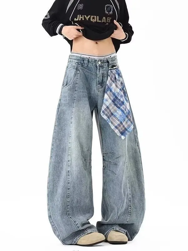 

Широкие джинсы с шарфом в клетку в американском стиле ретро, мужские и женские свободные брюки, повседневная одежда, джинсы на молнии со средней талией