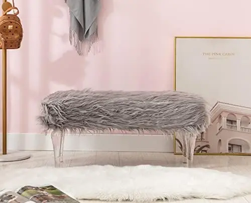 

Fur Entryway Bench, Furry Cute Pink Shaggy Makeup Bench Seat for Girls, Modern Long Bench with Gold Metal Legs for Bedroom Livin