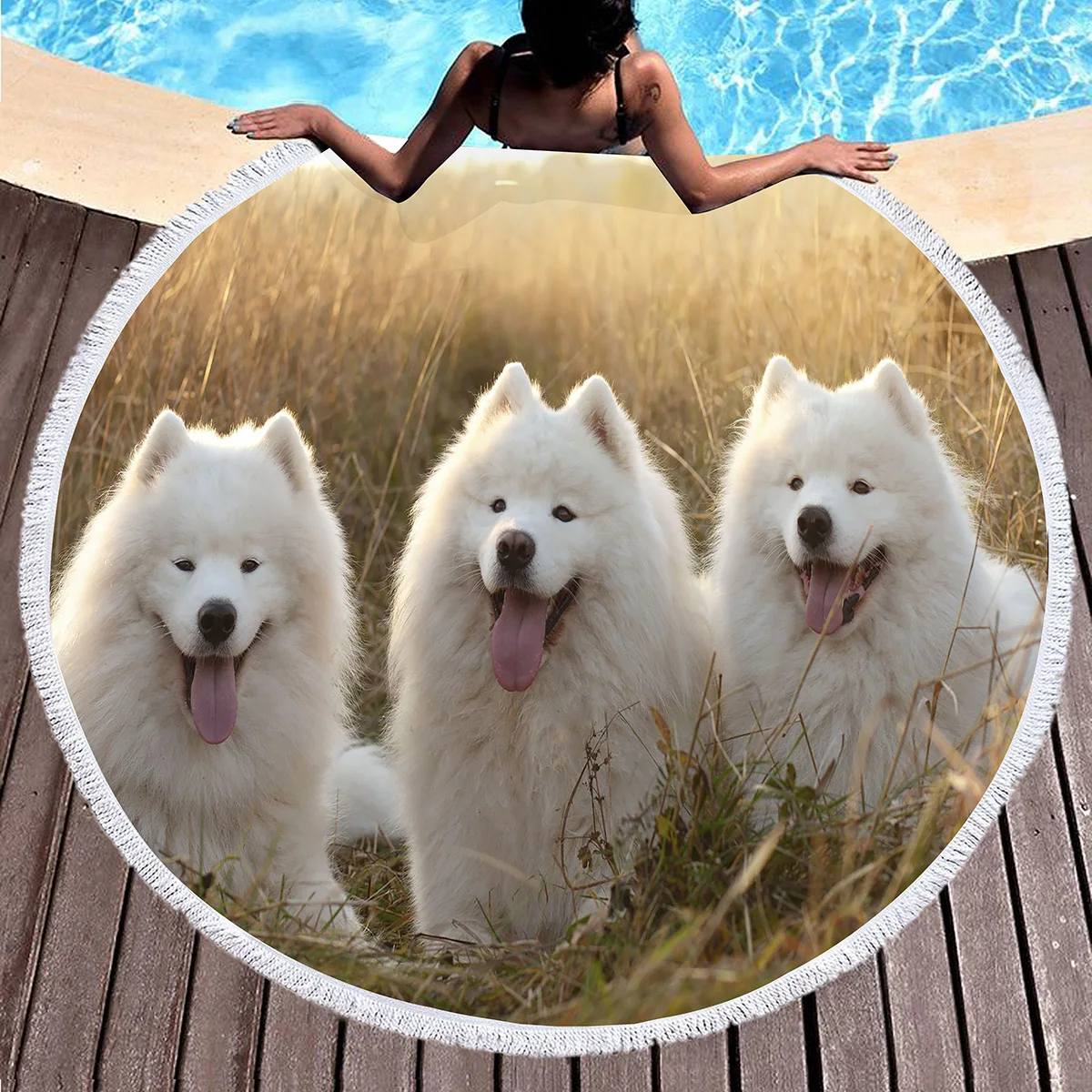 Cute Samoyed Print Round Beach Towel, Kawaii Pet White Dog Towel with Tassels Absorbent Quick Dry Circle Pool Towel Picnic Mat