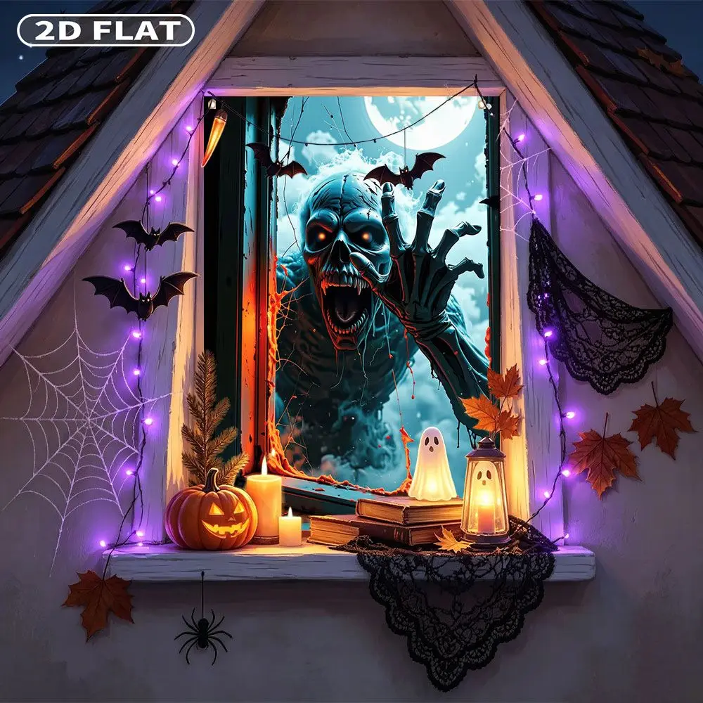 2D FLAT 1pc Party Window Cover Banner, with Glowing Skull Monster Breaking Through Window Glass, No Power Need Home Decor