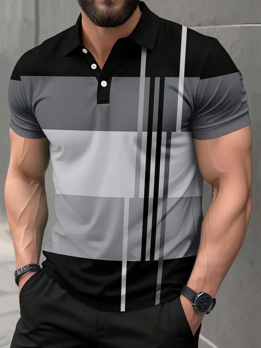 

Men's Geometric Stripe Contrast Color Short Sleeve Casual Polo Shirt