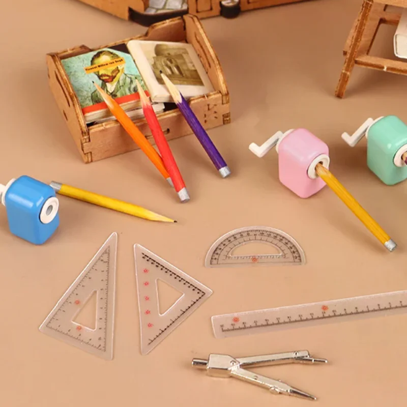1:12 Dollhouse Simulation Mini Pencil Sharpener Pencil Compass Ruler Dollhouse Study Room Stationery Learning Scene Decoration