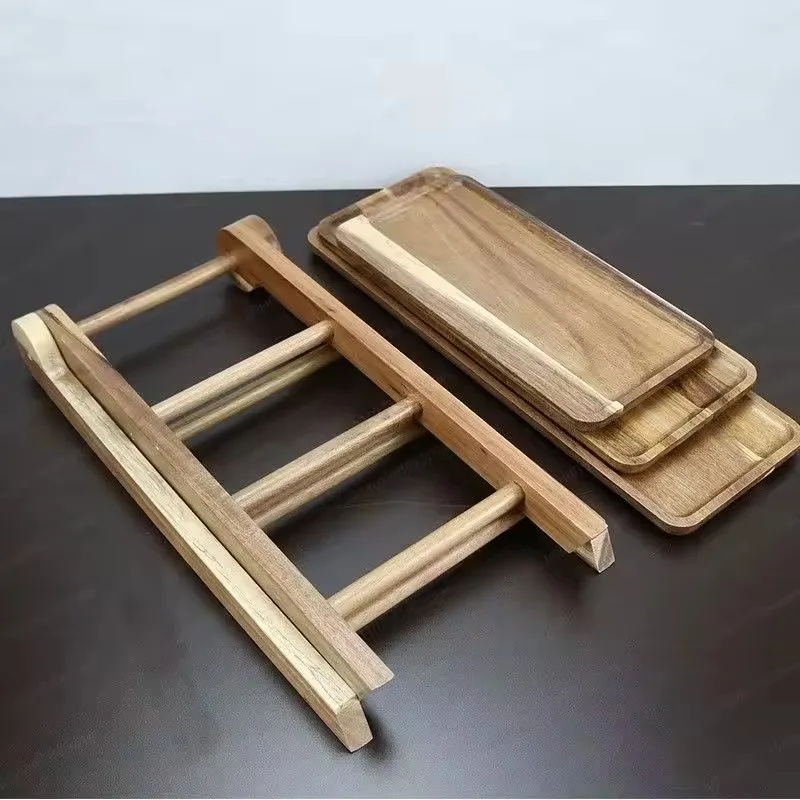 Acacia Wood 3-Tier Detachable Tray Stand, Hotpot Snack Fruit Plate Organizer, European Desktop Storage Rack