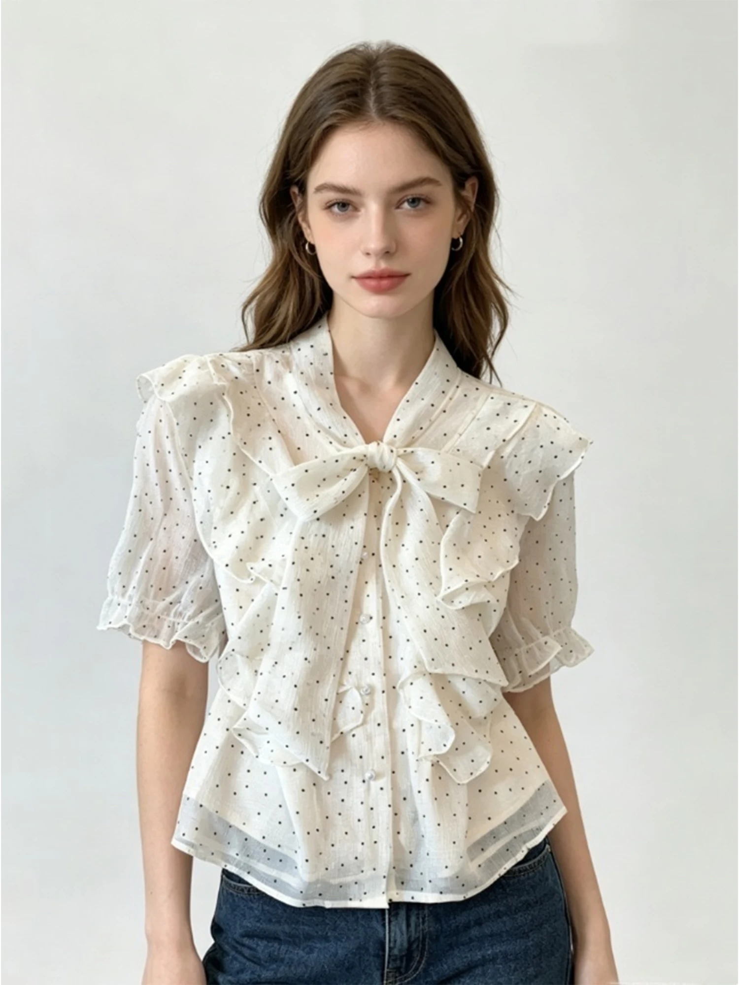 

Women's Apricot Polka Dot Blouses and Shirts Elegant Vintage French Style Bow Tie Short Sleeve Chiffon Blouse for Women Summer