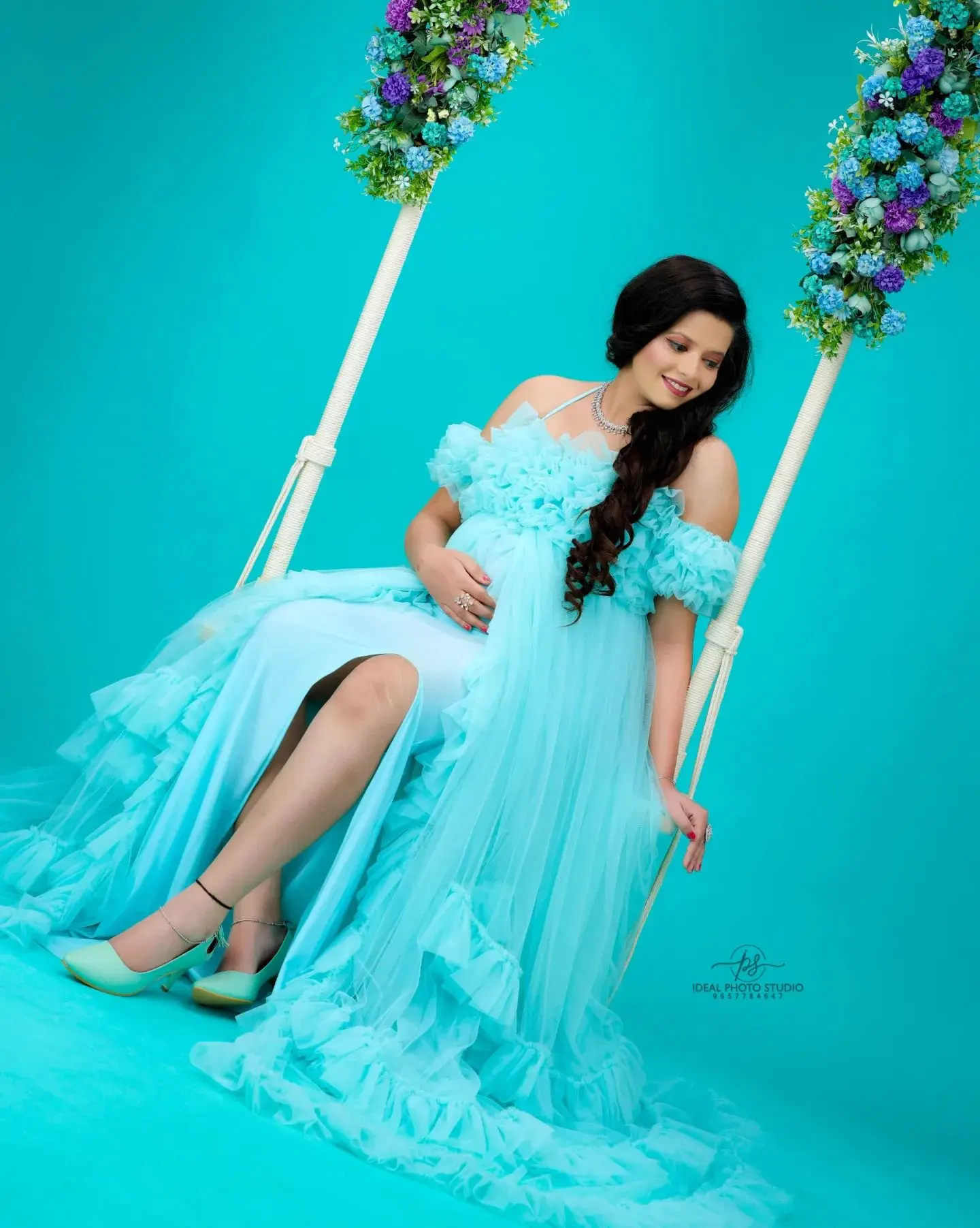 Blue Women Pregnant Maternity Dresses for Photo Shoot Sleeveless Tiered Tulle Robe Custom Made Prom Gown（No underwear clothes）