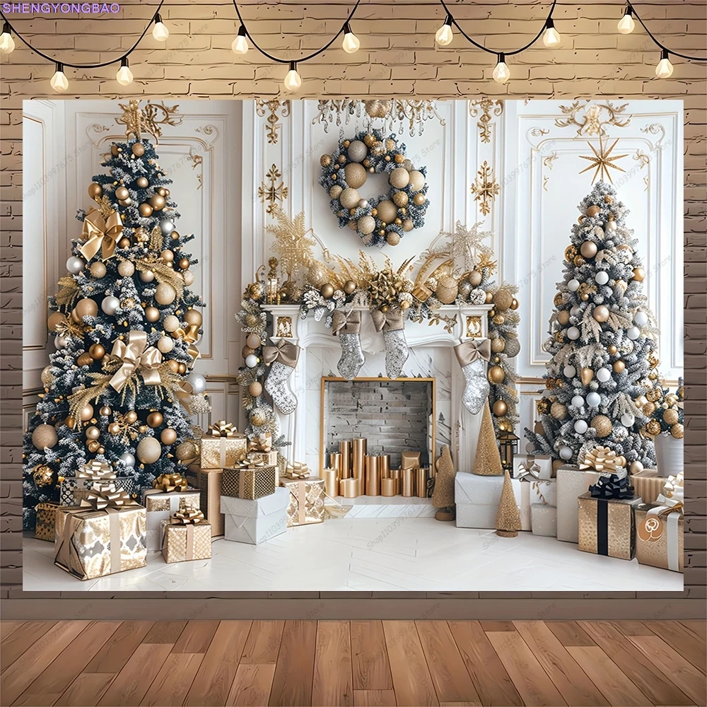 Christmas Day Pine Tree Bell Wreath Photography Backdrops Indoor Arch Fireplace Winter New Year Family Portrait Background VF-11