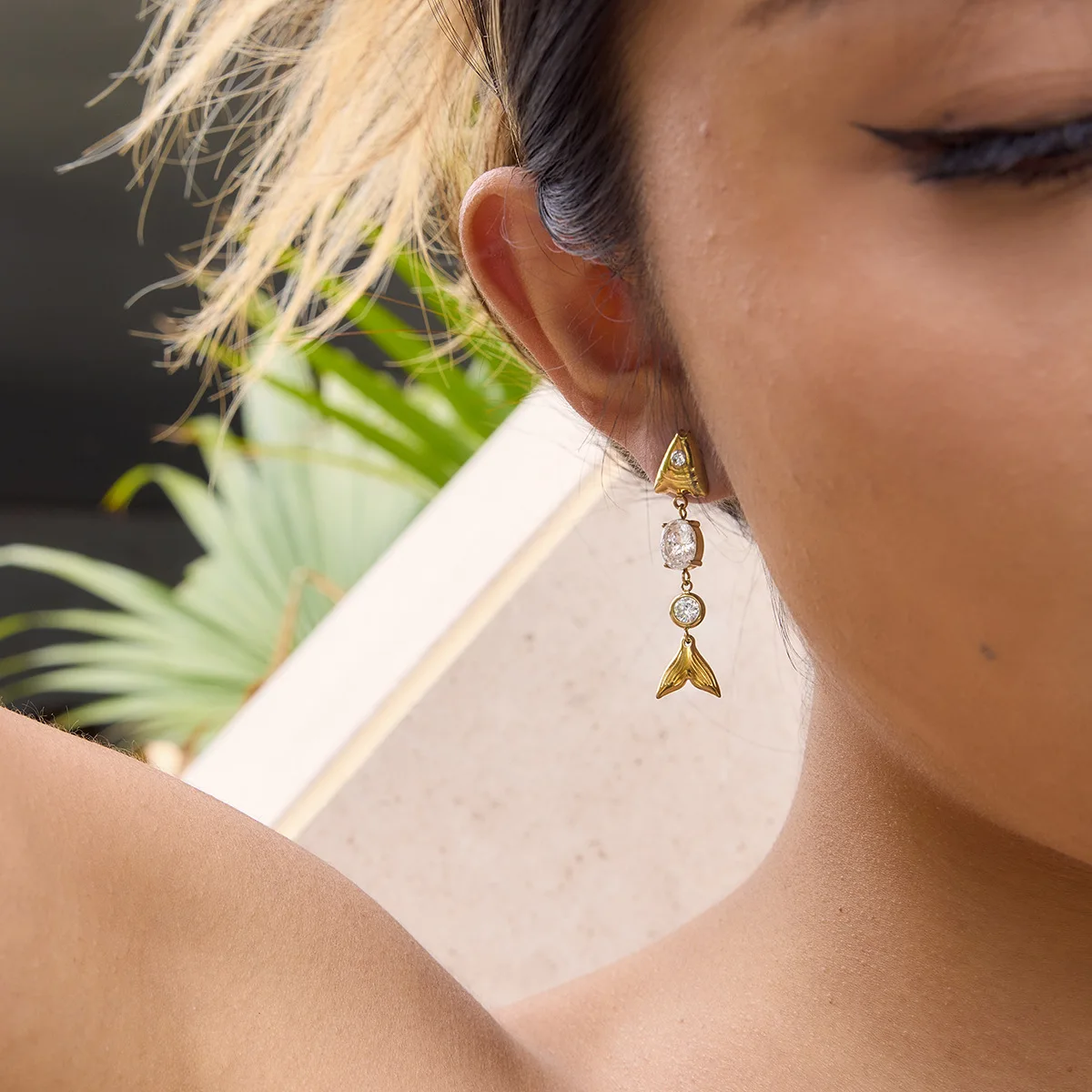 Italian Designer's Dangling Fishbone Studs with Multicolored Zircon Whale Shape Pearl Statement Earrings Stainless Steel Jewelry