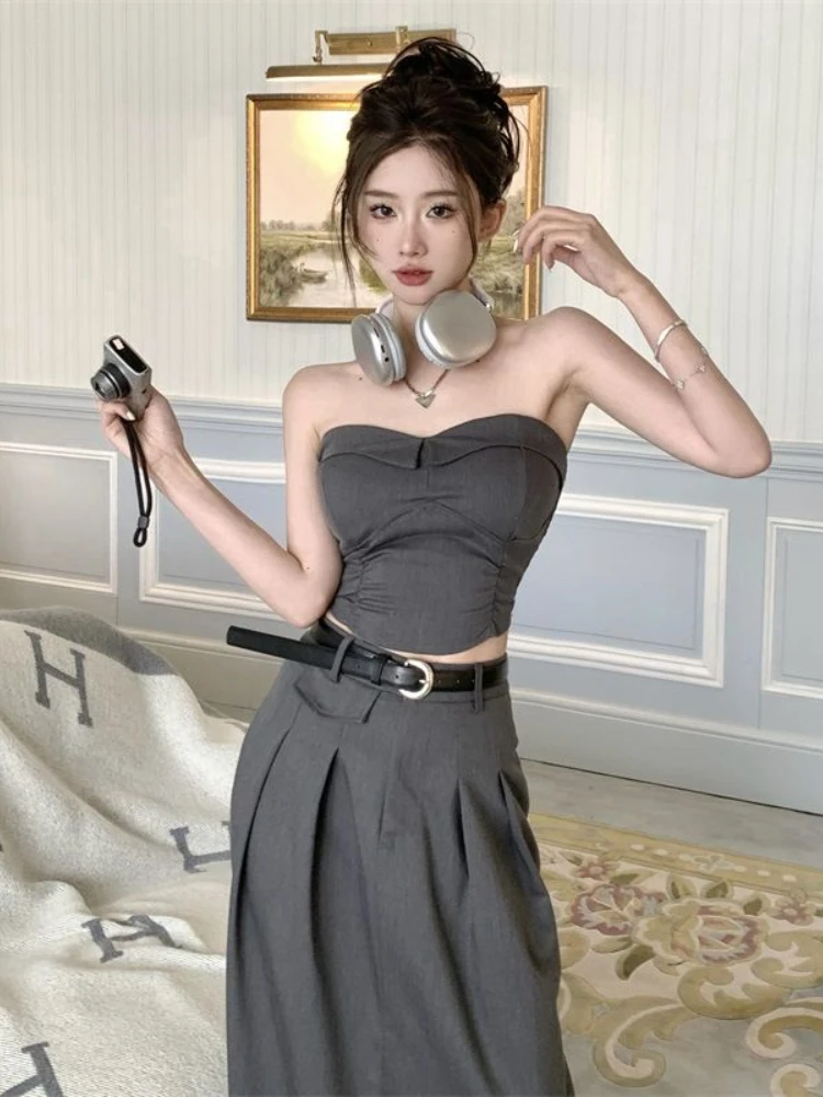 Sets Women Vintage Sexy Strapless Tops Elegant Chic Simple Folds Design Korean Style Midi Skirts Temperament Two Pieces Summer