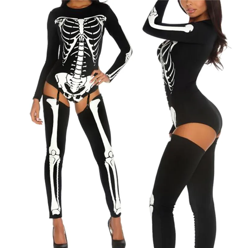 

Halloween Women Long Sleeve Jumpsuit Set Skeleton Printing Round Collar Slim Bodysuit Costume Props for Cosplay Show Party