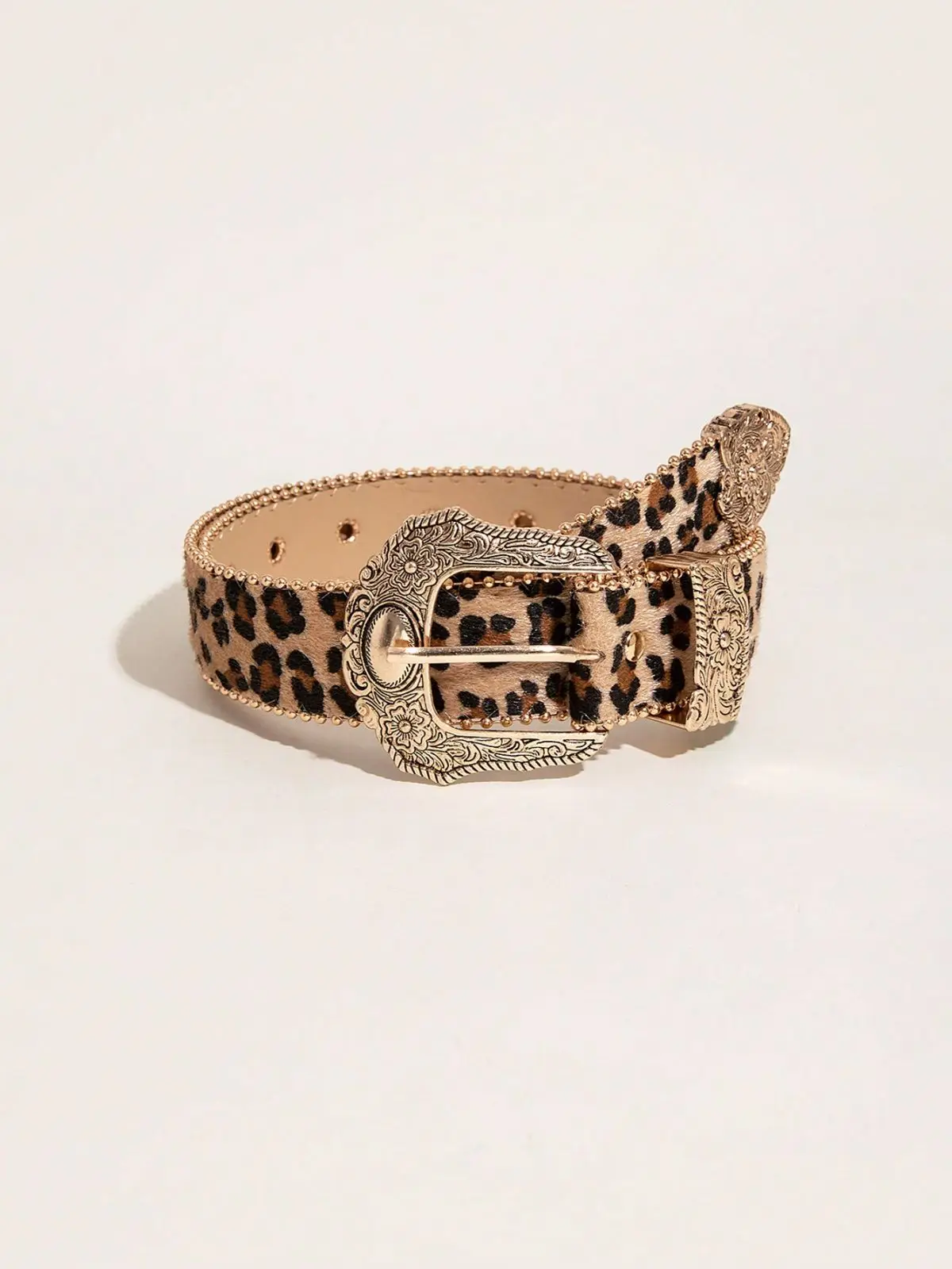 Women's Vintage Engraved Buckle Leopard Print Beaded Belt Jeans Versatile Decorative Belt Suitable for Everyday Use