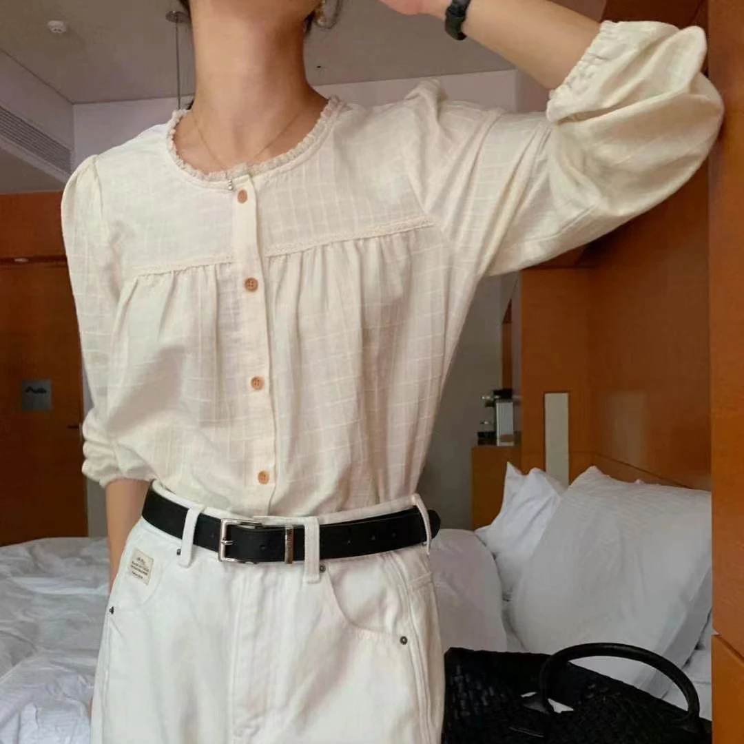 Retro Patchwork Lace Collar Single Button Sweet Versatile Shirt Top Long Sleeve Polyester Lantern Sleeve Women's  Color