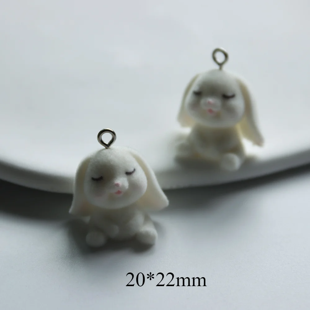 30Pcs 3D Cute Flocked Big Ear Rabbit Charms Cartoon Animal Resin Pendant Earring Keyring Accessories for DIY Crafts Jewelry Make