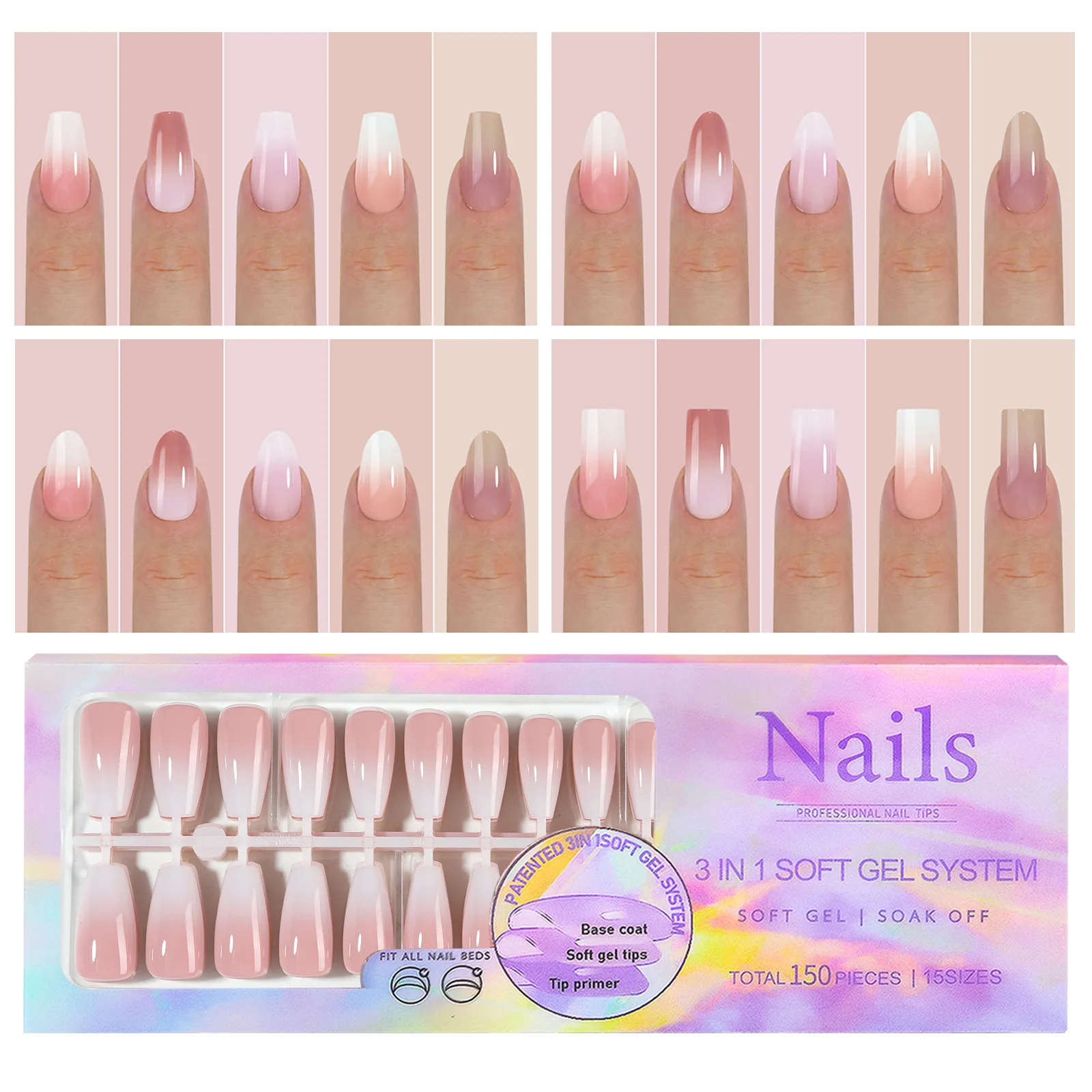 

150Pcs Gradient Nude Color Almond Wearable Fake Nail Tips Press On Acrylic Nails Removable Wearing Reusable Full Cover Nail Tips