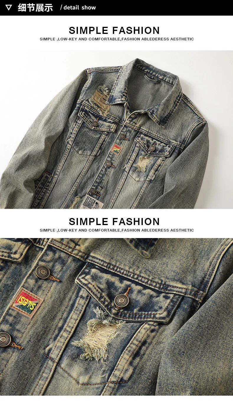 Men\'s Fashion Vintage Destroyed Jeans Jacket High Street Ripped Denim Coat With Holes Washed Retro Outerwear Size M-5XL