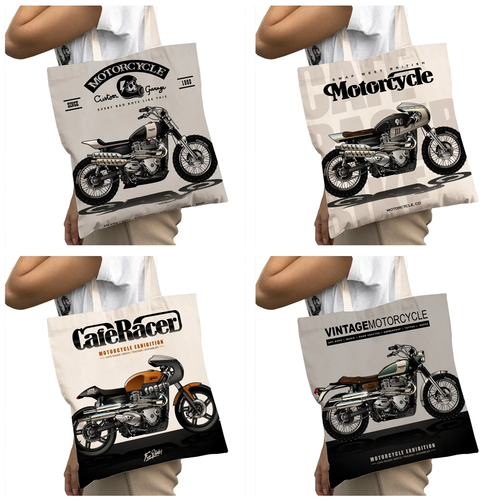 Bolso de compras informal de gran capacidad con dibujos animados para mujer, bolsa de compras de estilo Vintage con calavera para motocicleta, bolso de mano de lona a la moda para estudiante