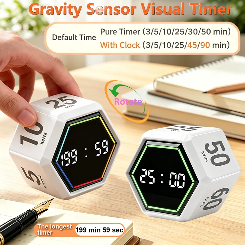 Gravity Sensor Timer Digital Visual Flip Timer 6 Preset Time Adjustable Memory LED Display Mute Positive Countdown Kitchen Timer