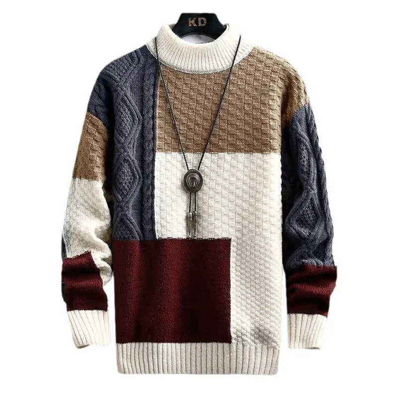 

2025 New Sweater Men's Autumn and Winter Thickened Splicing Korean Edition Trendy Knitwear Bottom Knitted Sweater Men's