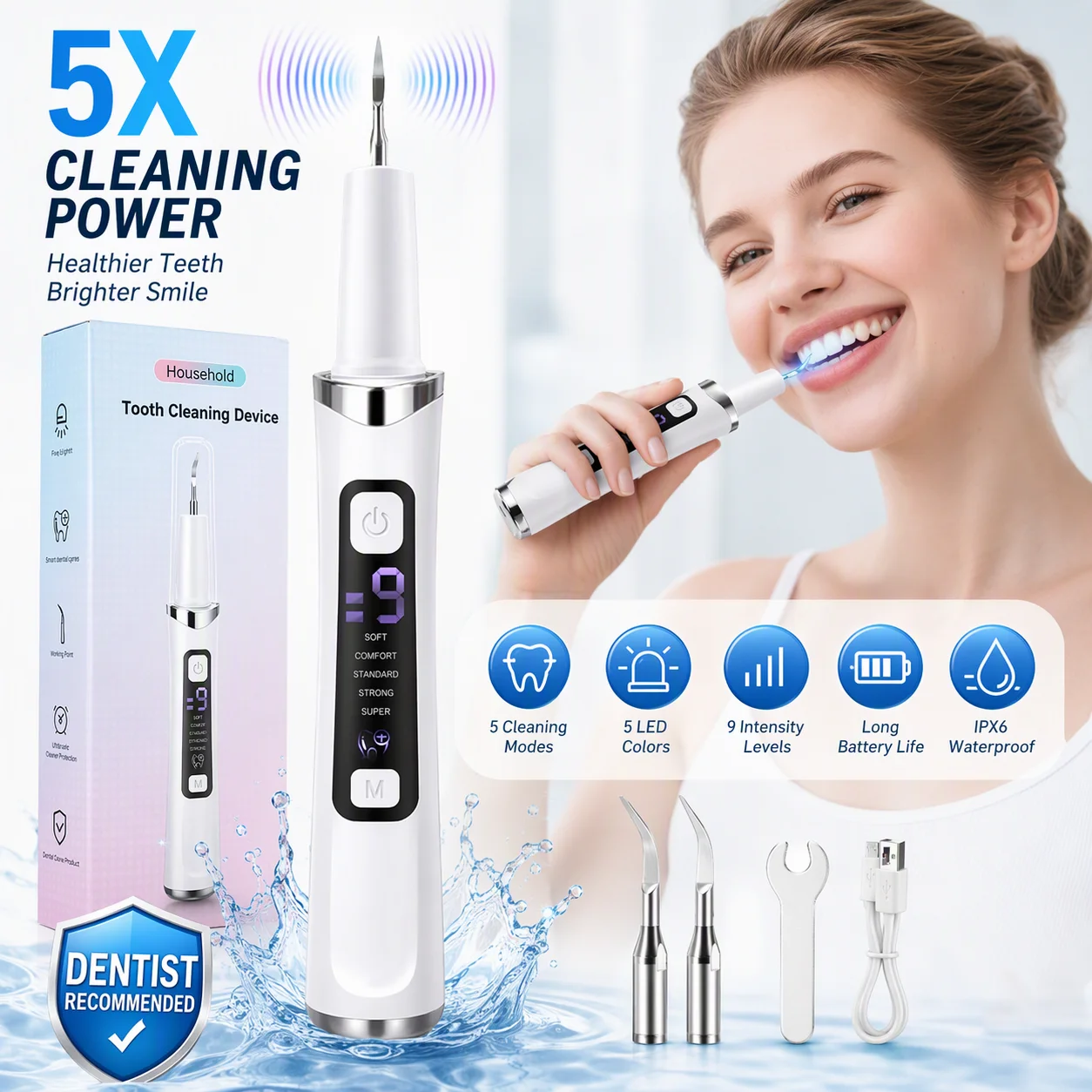 Ultrasonic Dental Scaler Tartar Remover 5 modes with LED Light Household Teeth Cleaning Tools Dental Cleaner Oral Care