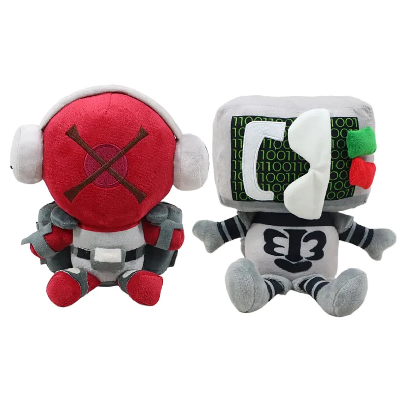 2 Pack Sci-Fi Robot Character Plush Dolls with Square Screen Head Round Red Helmet Desk Decor Collectible Figurines