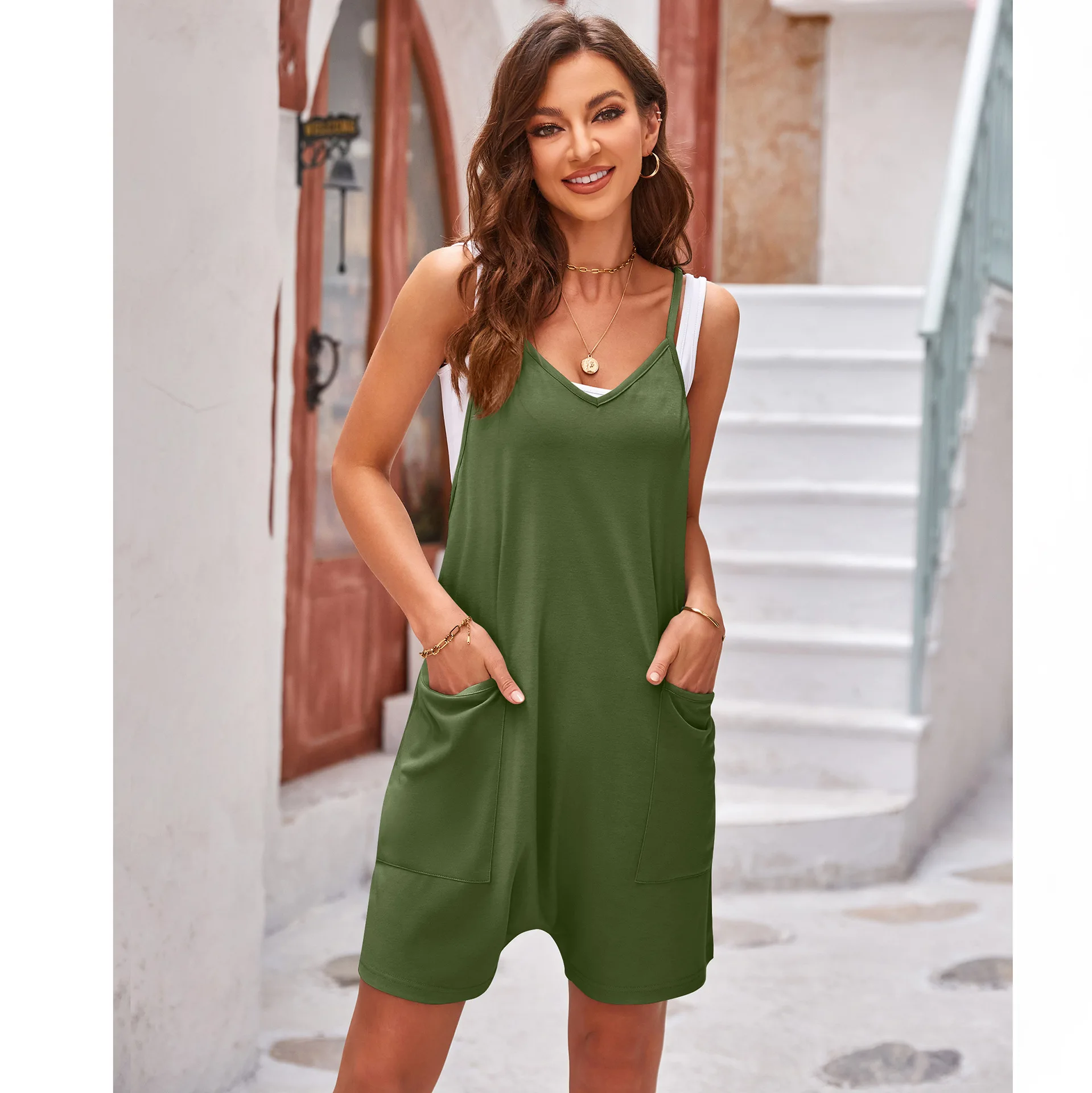 

Jumpsuits Women Rompers Sleeveless Suspender Shorts V Neck One Piece Loose Overalls Pockets Lady Solid Casual Summer Beach