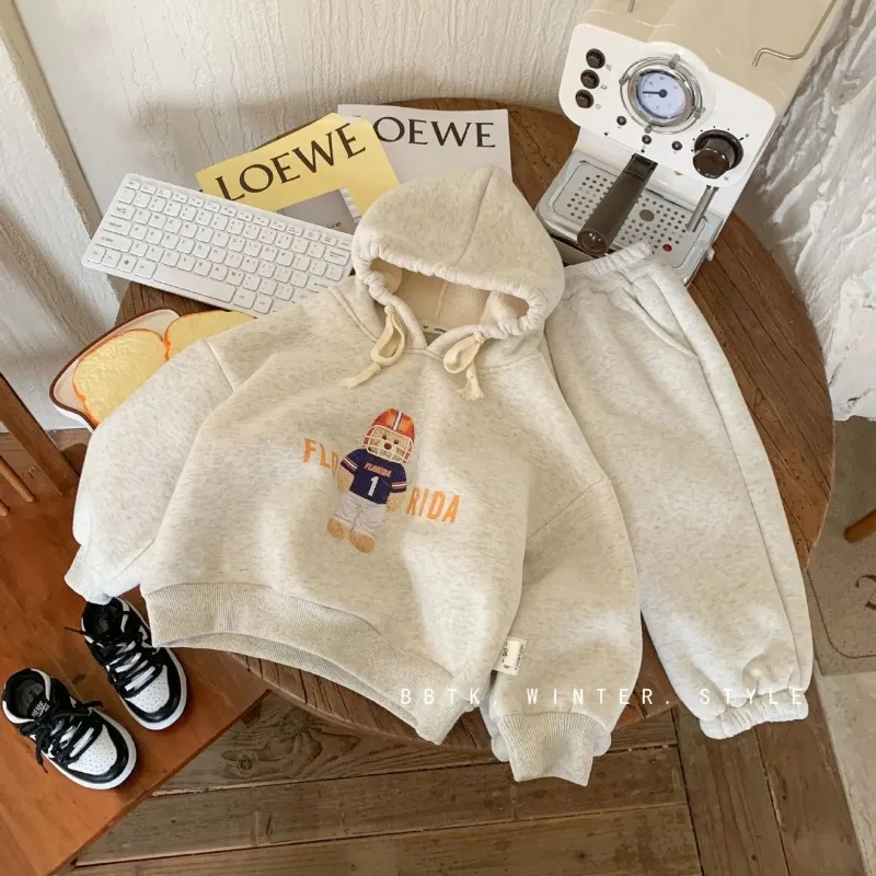 

Children's Set Autumn Winter Bear Hooded Integrated Velvet Thick Hooded Sweatshirt +sweatpants Two-piece Baby Boys Girls Suit