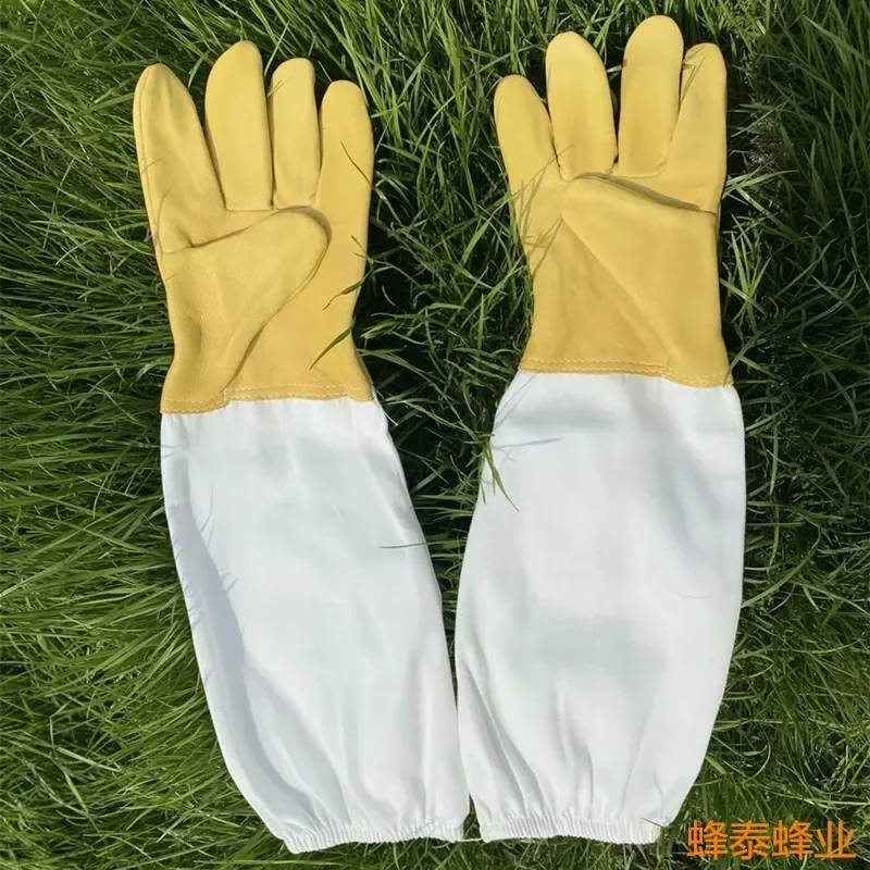 A 2PCS Beekeeping Protective Gloves, Sheepskin Gloves, Yellow Skin White Cloth Gloves