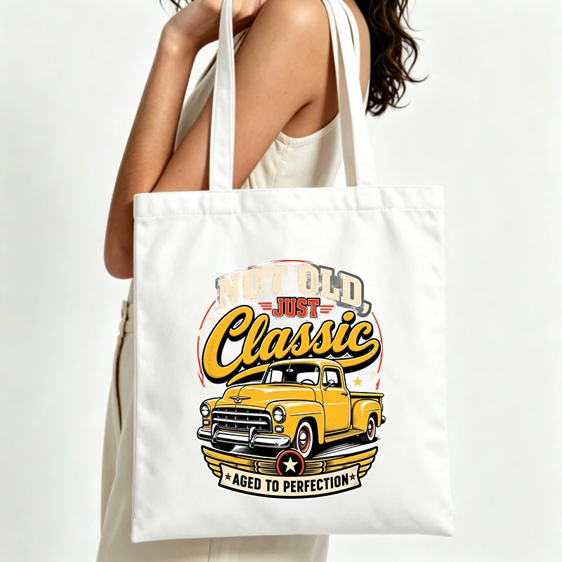 vintage truck graphic canvas tote bag with typography print, perfect for casual daily use and weekend outings