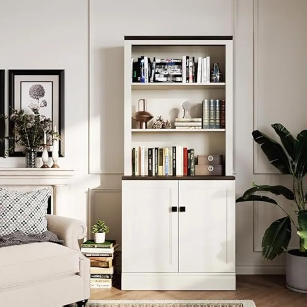 

Tall Bookcase with Storage Cabinet & 5 Adjustable Shelves - Freestanding Display Bookshelf for Home Office, Bedroom, Living Room