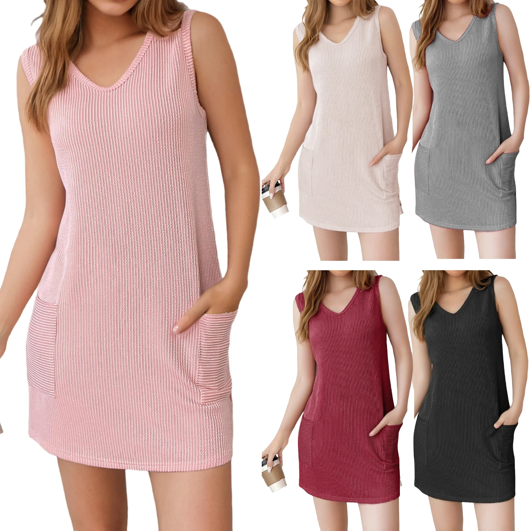 

ABBO-Женские летние платья 2025 г., свободные сарафаны без рукавов с V-образным вырезом, купальник с карманами, цветочный/прямой/олетовый