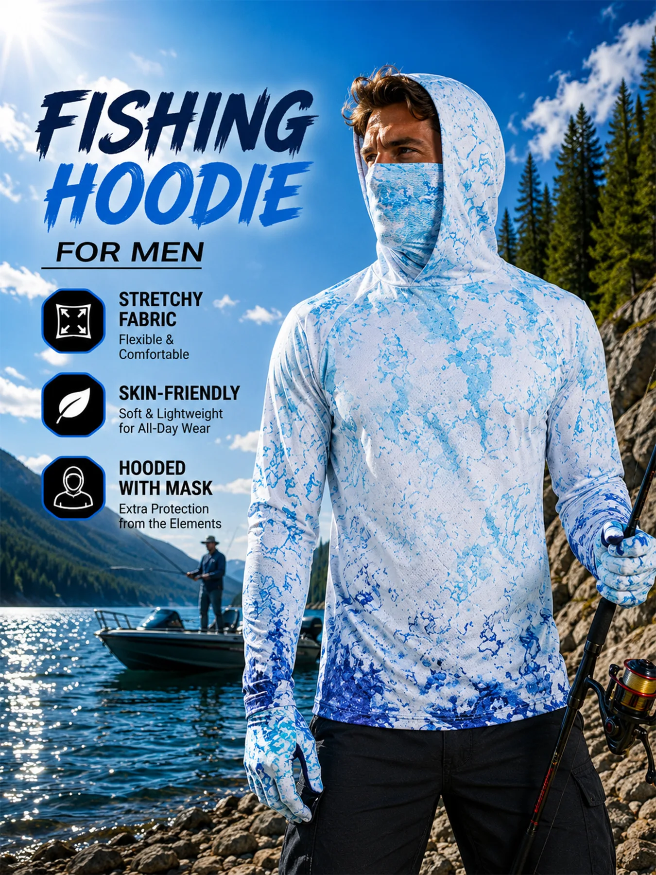 Men's Fishing Hoodie with Face Cover UV Protection Quick-Dry Breathable Anti-Mosquito Outdoor Hooded Sun Shirt for Lure Fishing