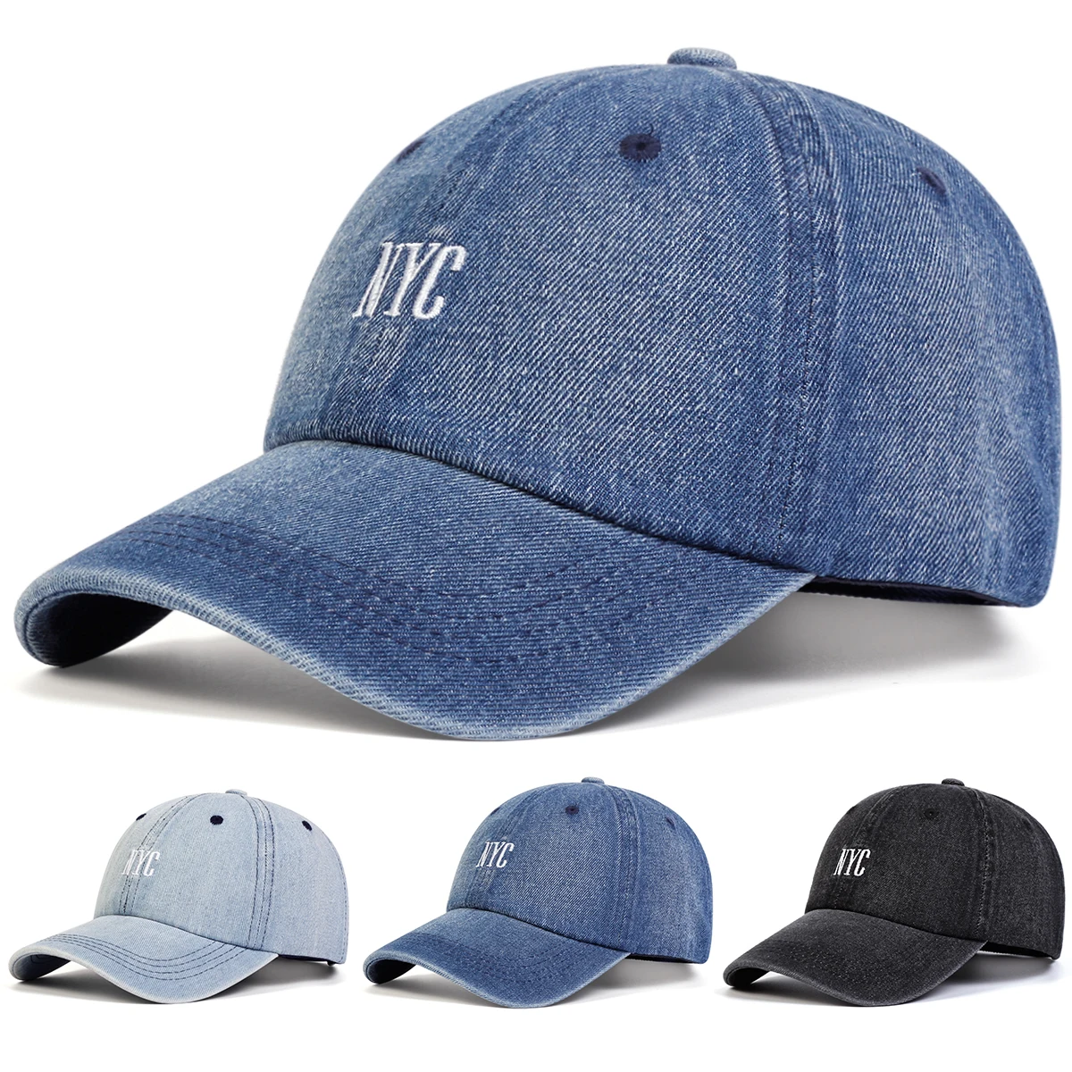 Embroidery Nyc - ยูนิเซ็กส์ NYC หมวกเบสบอลผ้าเดนิมปักลายฤดูใบไม้ผลิฤดูใบไม้ร่วงกลางแจ้งหมวกลำลองแบบปรับได้หมวกกันแดด
