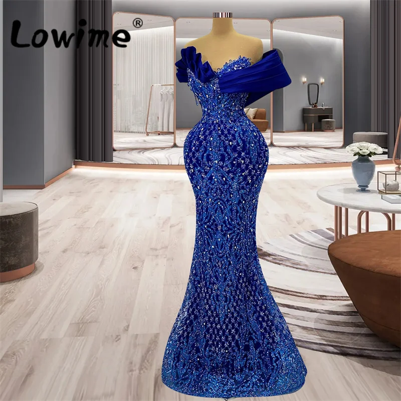 Royal Blue Arabic Party Dresses Vestidos De Noche 2023 Crystals Off Shoulder Formal Occasion Dresses Wedding Prom Evening Gowns