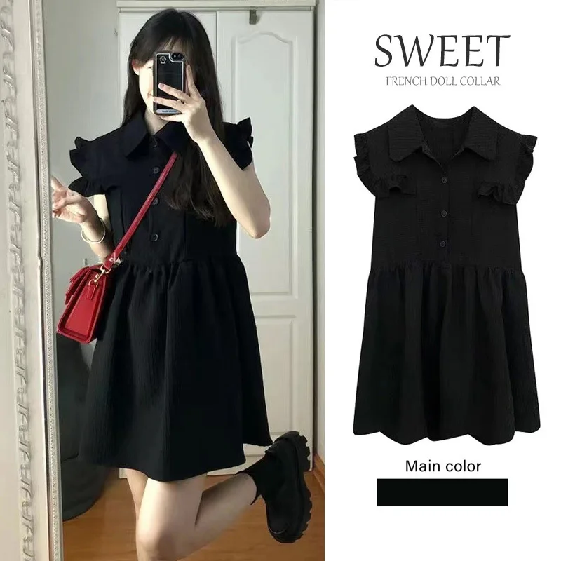 French Style Salt Style Fried Street Chic Skirt Black Dress Small Flying Sleeves Special-Interest Design Dress Summer One-Piece