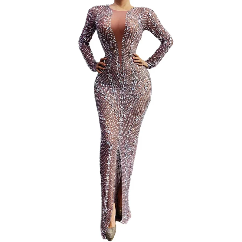 

Sexy Luxury Crystal Mesh Perspective Long Dress Evening Prom Party Rhinestones Birthday Wedding Celebrate Outfit Stage Dress