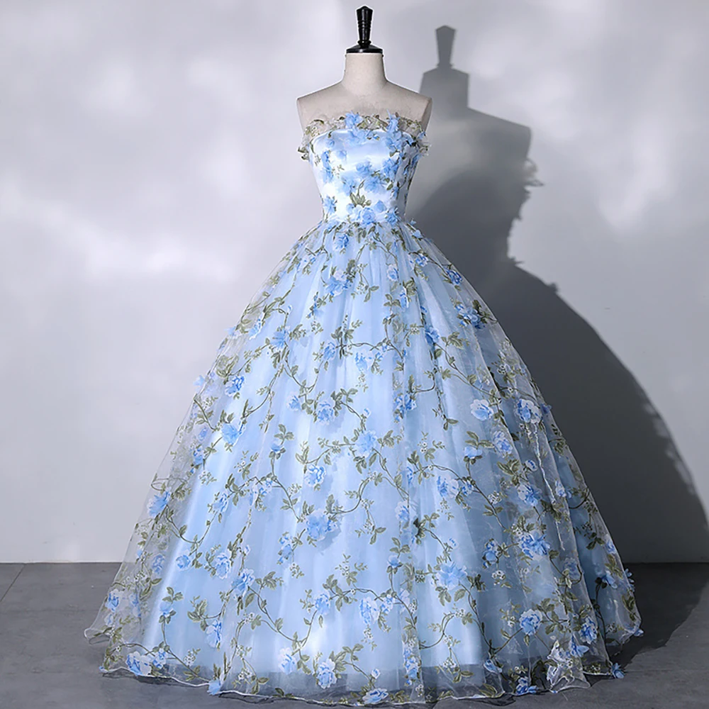 

Blue Floral Evening Dress for Women Birthday Party Luxury Strapless Princess Ball Gown Lady Formal Banquet Quinceanera Dresses