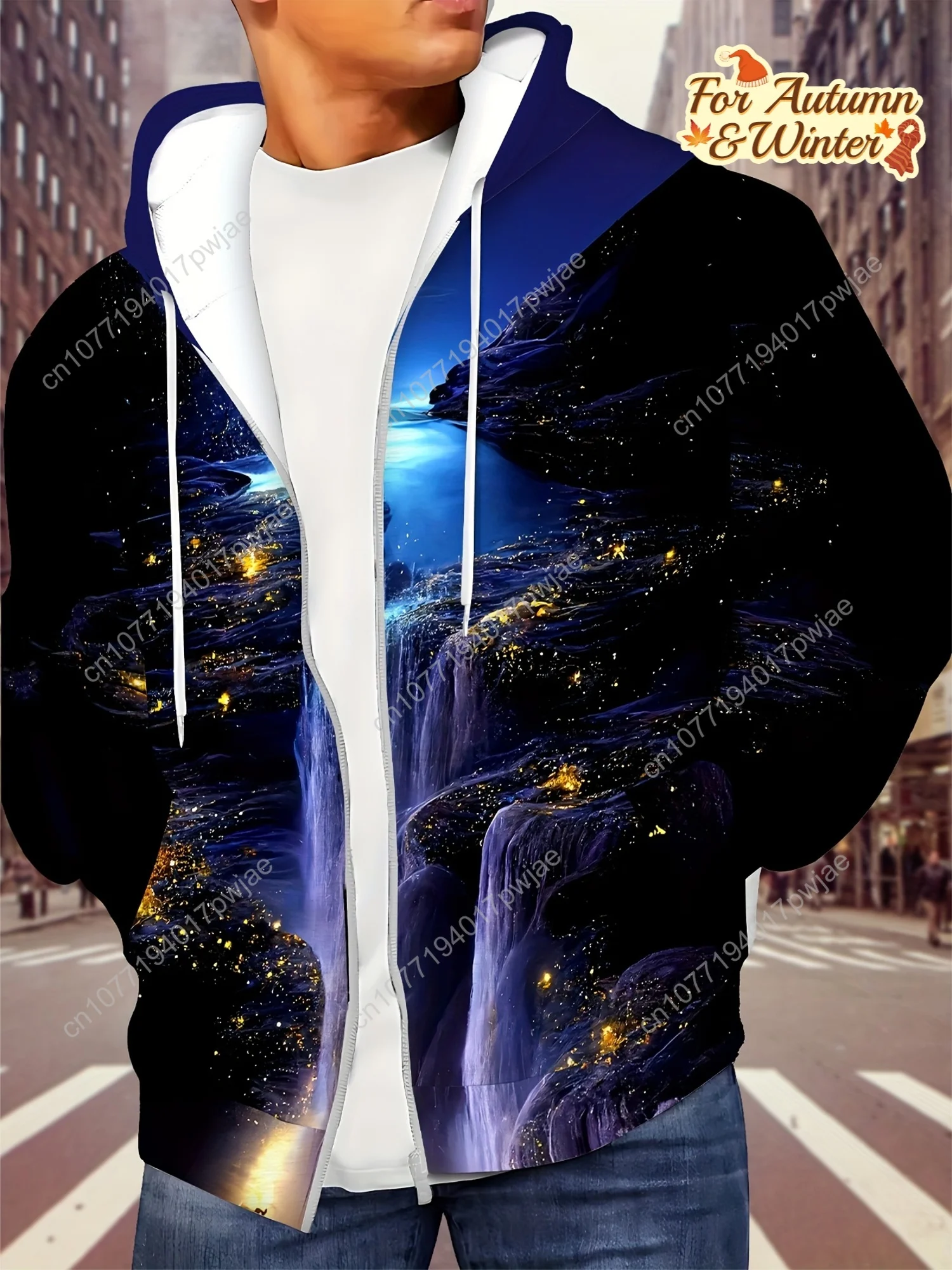 Men'S Dreamy River Print Hoodie - Long Sleeve Zip-Up with Drawstring, Pockets, Casual Outdoor Jacket for Fall & Winter, Autumn W