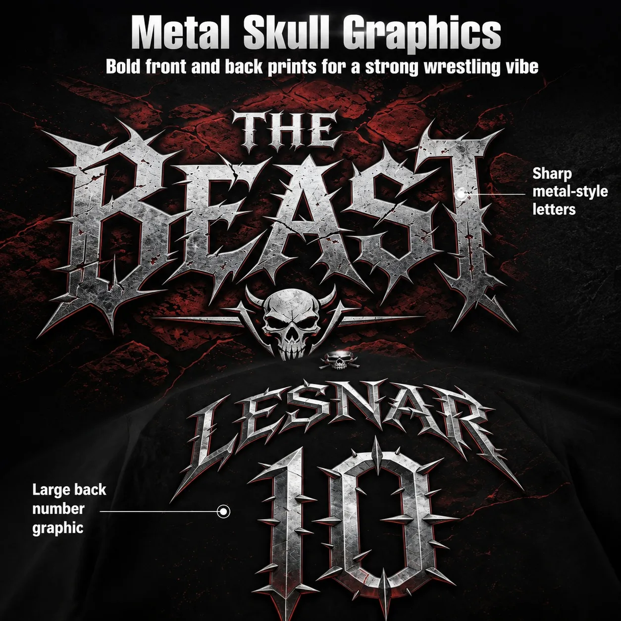 Wrestling Jersey Men Black Red Cracked Metal Skull The Beast Lesnar 10 V-Neck Drop Shoulder Gothic Streetwear Fan Tee