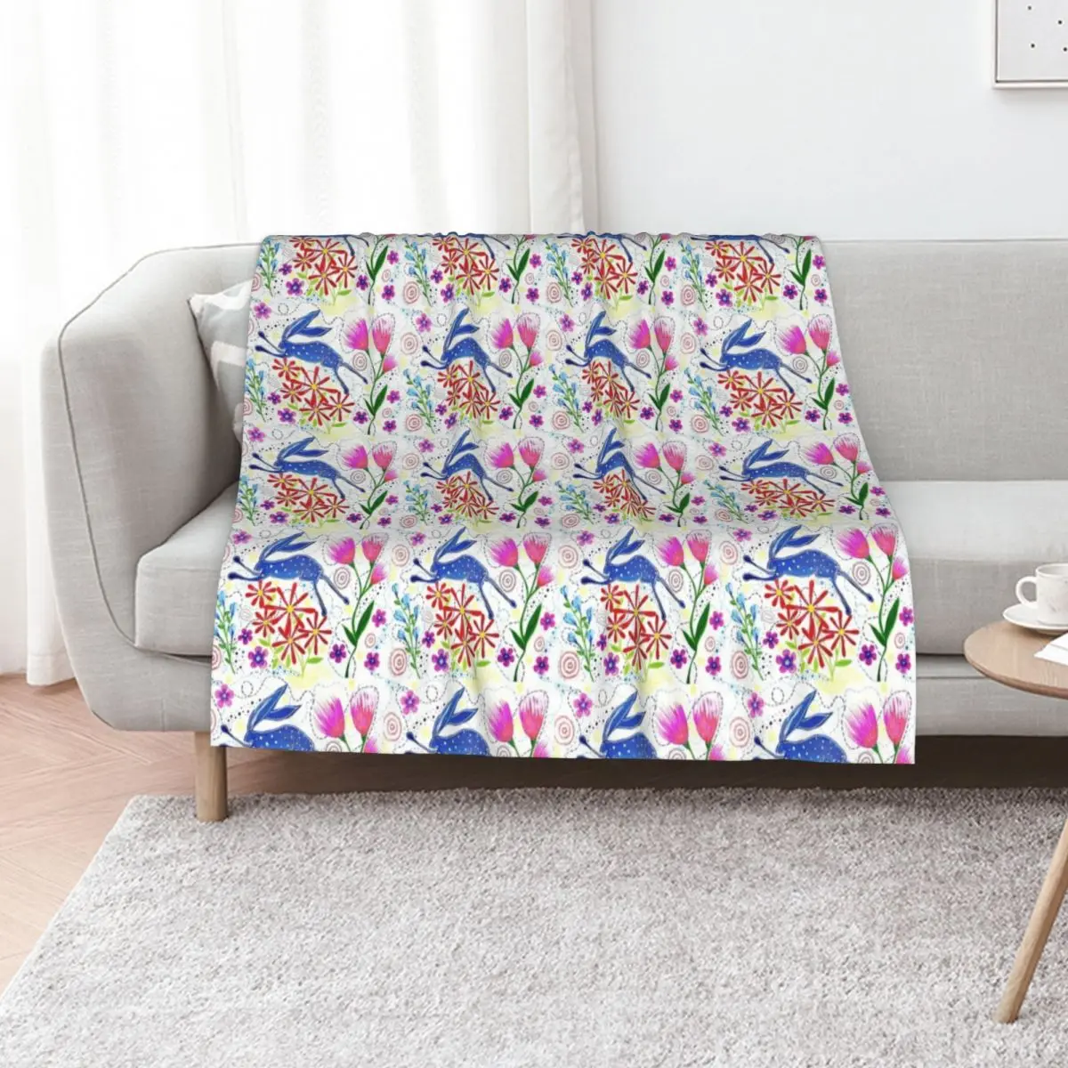 Blue Rabbit with Flowers Throw Blanket Sofas Luxury Designer Bed linens blankets ands Plush christmas gifts Blankets