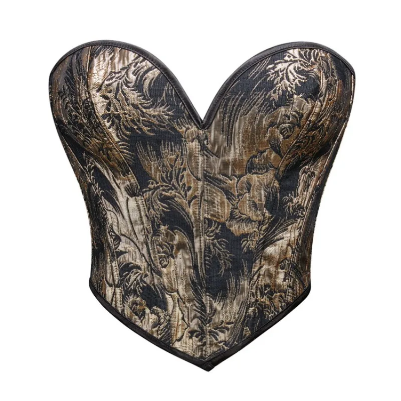 Women Corset Crop Top Medieval Vintage Flower Print Bustiers Lace Up Corsets Body Shaper Short Torso Korsett Fashion Black Gold