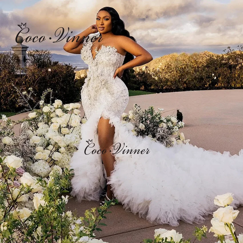 

Customized Tulle Slit Ruffle Train Mermaid Wedding Dress 2026 One Shoulder Heavy Beaded Brides Wedding Dresses Luxury W1492