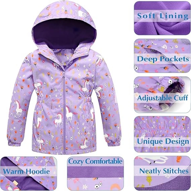 Semywange Kids Girls Unicorn Purple Rain Jacket Waterproof Coat Lightweight Hooded Warm Lined Raincoats Windbreakers 4-12Y