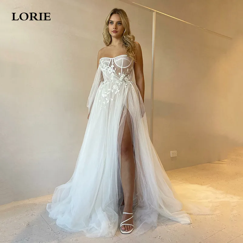 

LORIE Ivory Lace Wedding Dresses A Line Beach Sweetheart Neck Bride Dress Side Split Elegant Puffy Tulle Party Gowns 2023