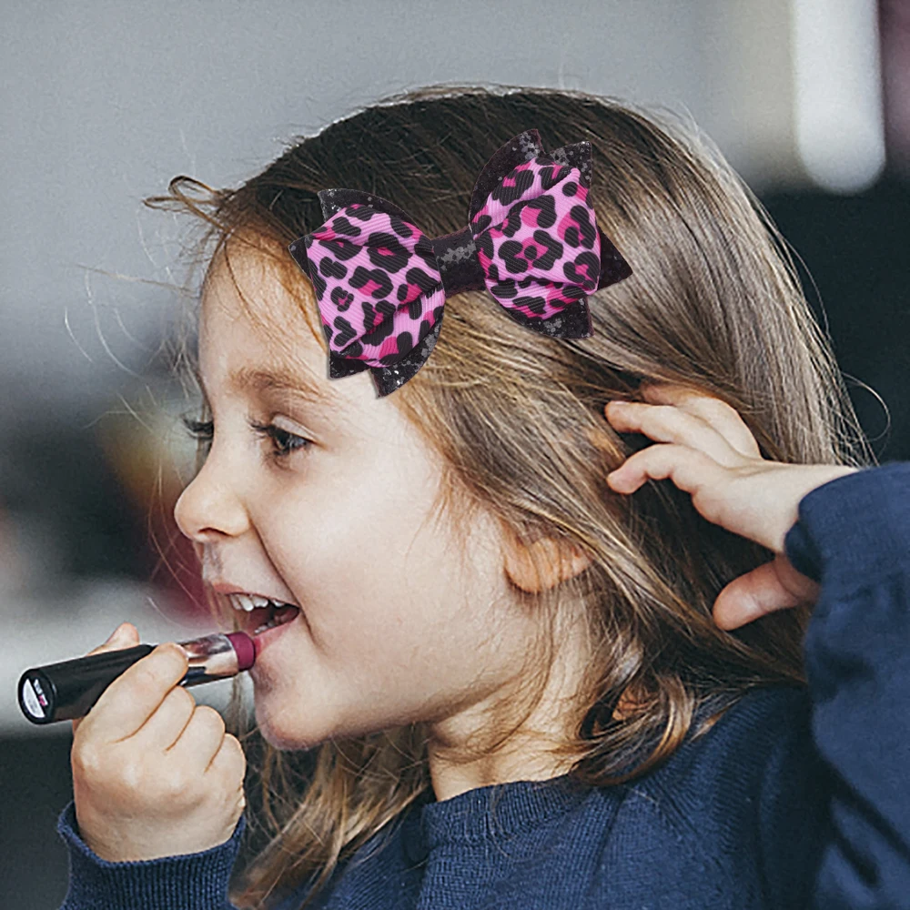 2Pcs Leopard Print Bow Hair Clips For Little Girls Black Pink Cheetah Hairpins Glitter Sequin Barrette Children Hair Accessories