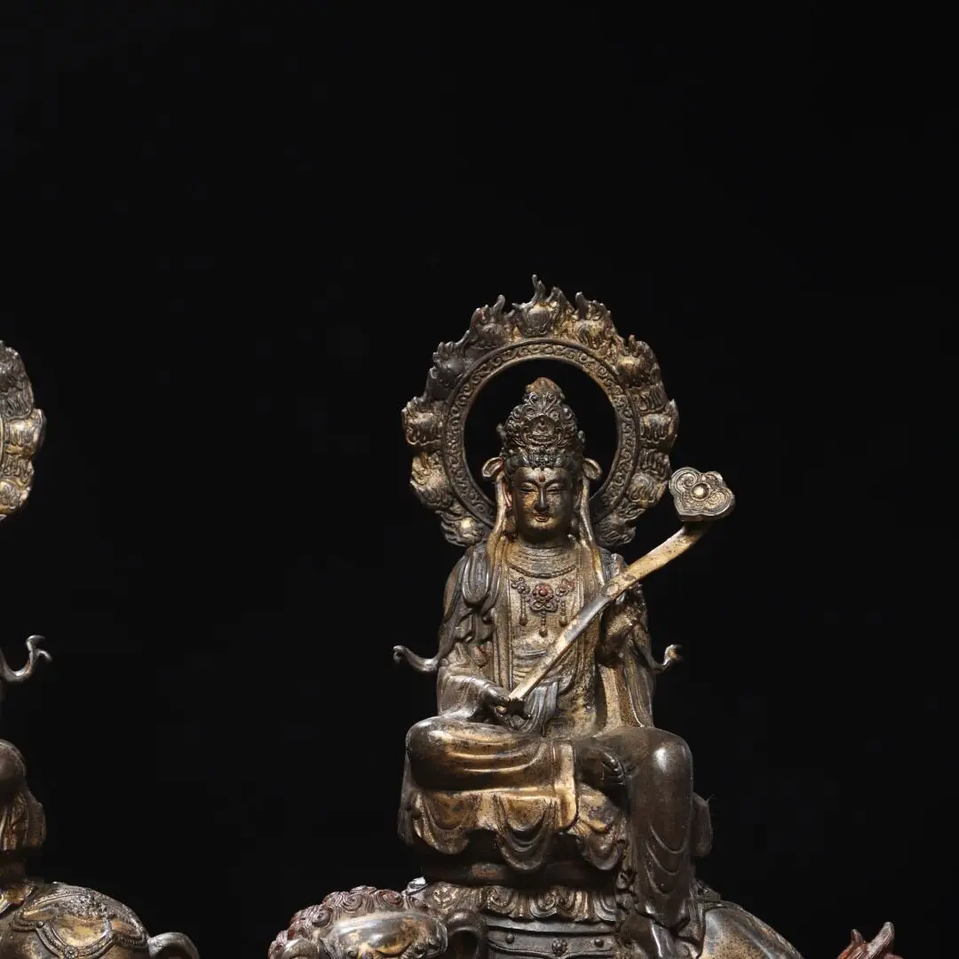 Pair Vintage Pure Copper Gold Gilded Manjusri Samantabhadra Bodhisattva Statues Home Altar Desk Decor
