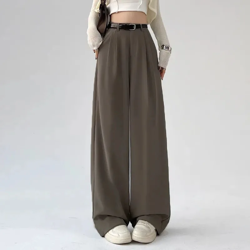 High Waist Belt Wide Leg Suit Pants Y2K Fashion Baggy Korean All-Match Trousers Solid Elegant Office Ladies Chic Straight Pants