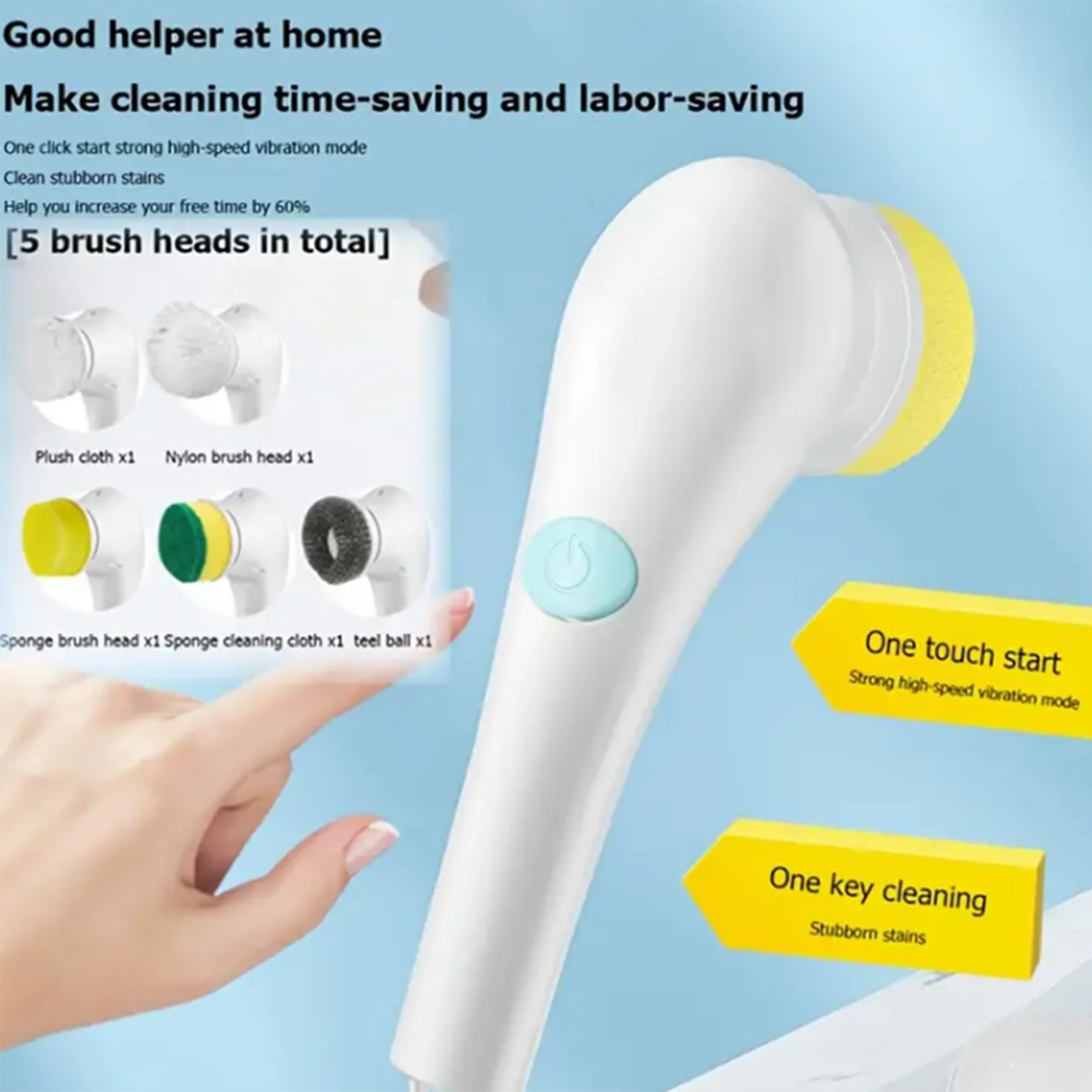 

Multi-functional electric rotary scrubber with five interchangeable brushheads, rechargeable electriccleaning brush set