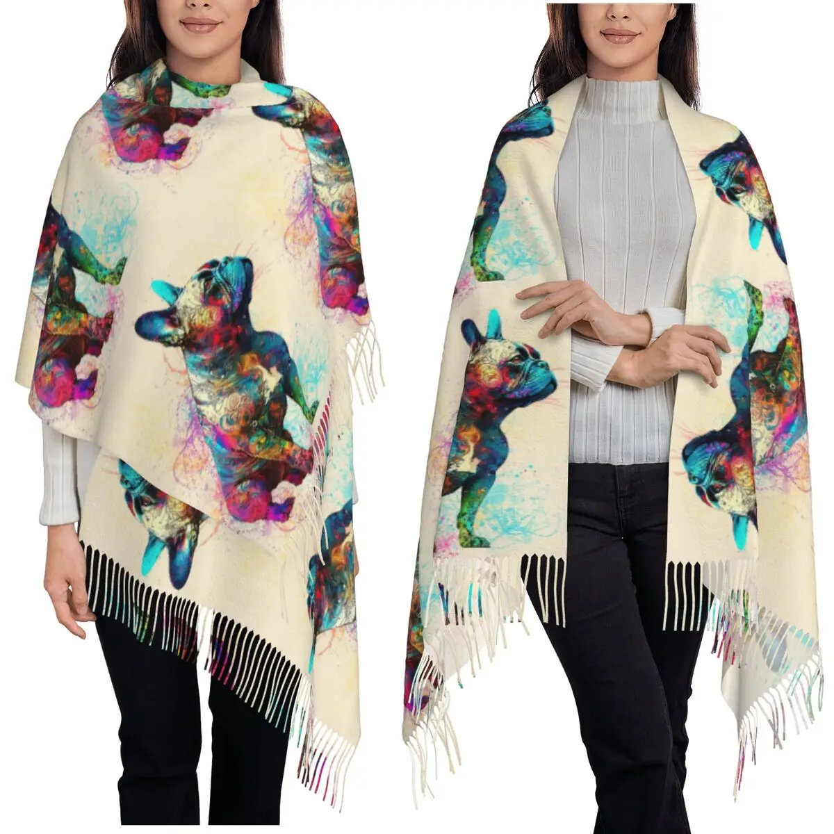 

Colorful Cute French Bulldog Dog Scarf Tassel Scarves Women Soft Warm Shawls and Wraps Large Fall Winter Shawl Wrap