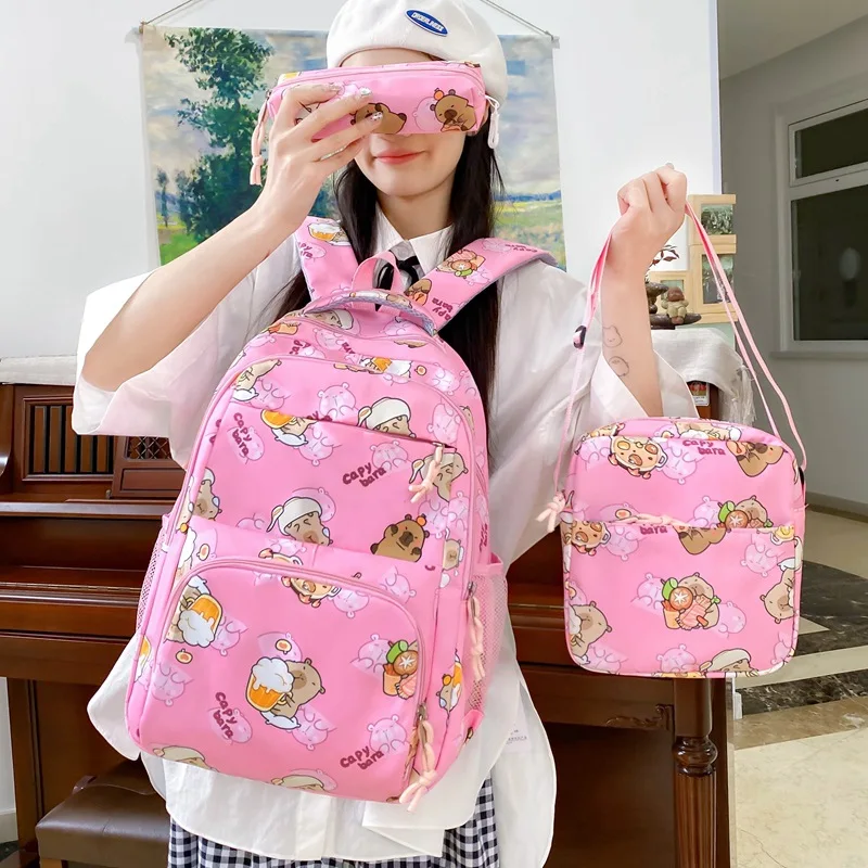 

2025 New! Nylon School Bag for Girls - Capybara Design, Large Capacity, High School/Junior High Backpack