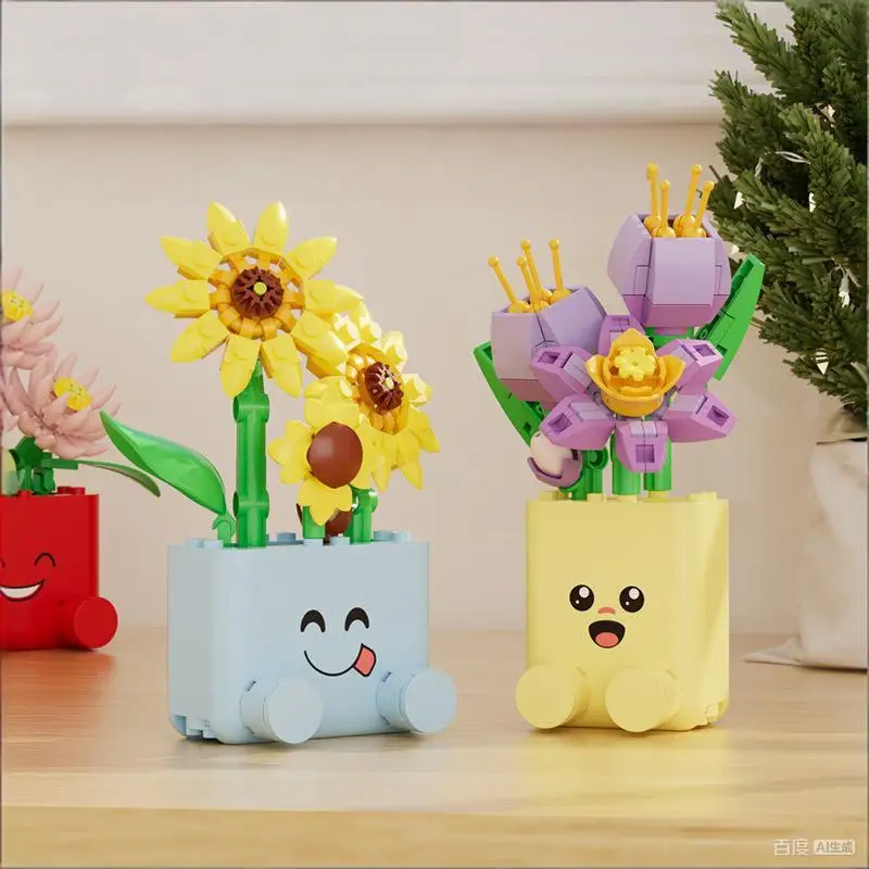 Bloques de Construcción Botánicos Creativos con Diseño de Plantas en Maceta, Modelo de Flores Alegres, Juguetes para Armar, Regalos, Adornos Decorativos