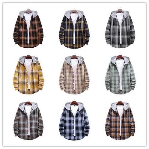 

Men's Long Sleeve Quilted Lined Flannel Shirt Jacket with Hood Casual Long Sleeve Button Down Checked Plaid Shirts